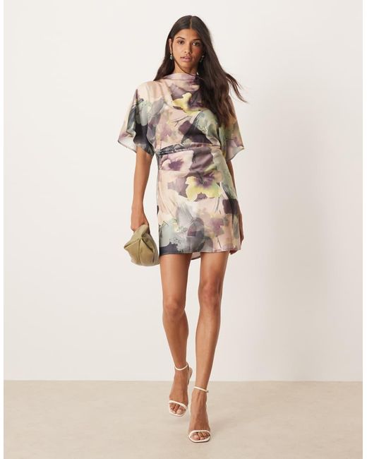 ASOS Brown Satin High Neck Blouson Mini Dress With Flutter Sleeve