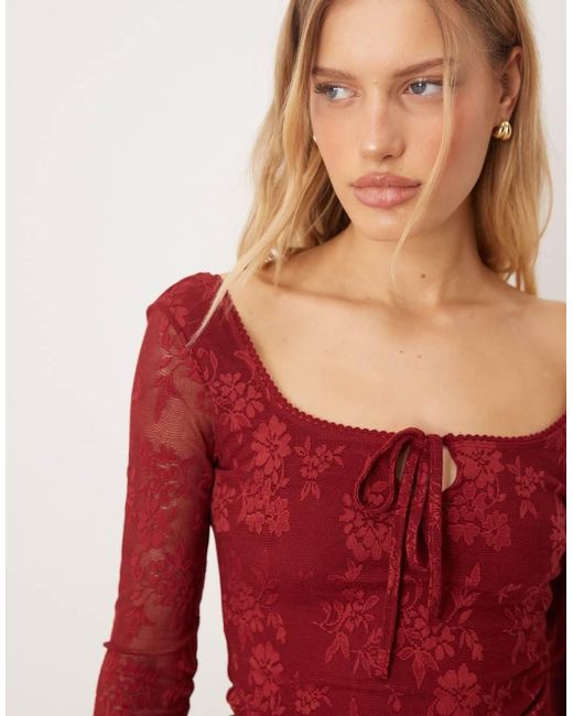 Gina Tricot Red Long Sleeve Tie Front Flower Jacquard Top