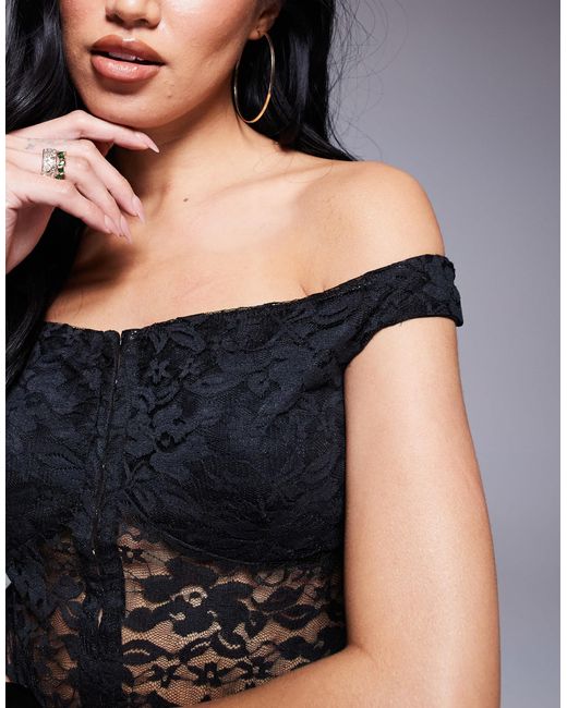 ASOS Blue Off Shoulder Lace Top With Hook And Eye Detail