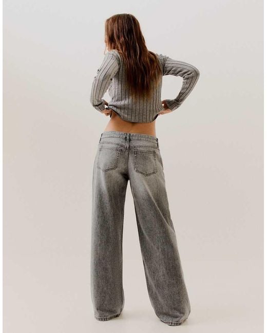 Bershka Gray Low-Rise Wide-Leg Jeans