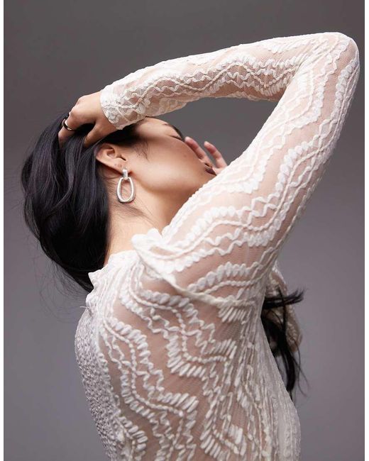 TOPSHOP Gray Wave Lace High Neck Top