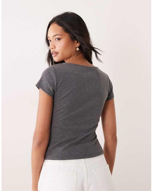 ASOS Gray Short Sleeve With V Neck And Black Lace Trim Top