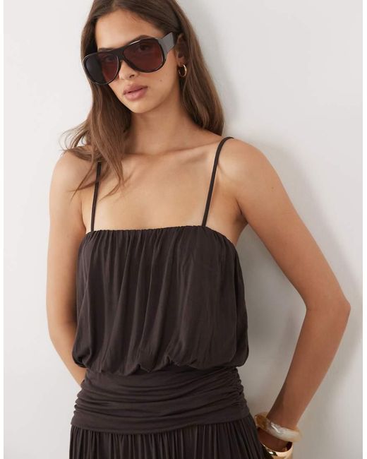 ASOS Black Square Neck Cinched Waist Blouson Maxi Dress