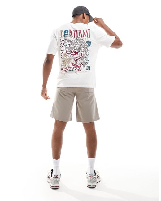 T-shirt écru con stampa giapponese di carpa koi di River Island in White da Uomo
