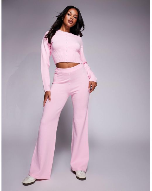 Aria Cove Pink Knitted Boxer Style Button Detail Wide Leg Trouser Co-ord
