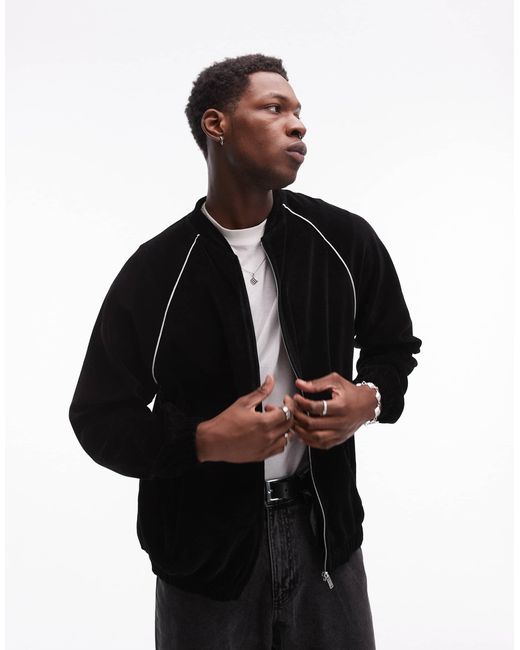 Topman Black Oversized Fit Velour Full Zip Through Sweat With Side Piping Detail for men