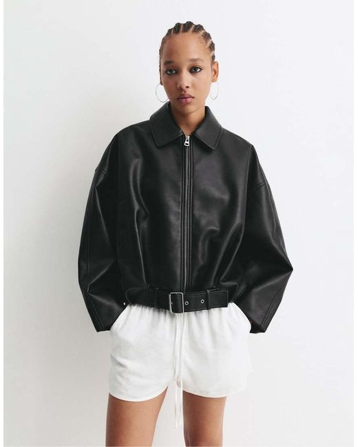 Pull&Bear Ballon-Bomberjack Met Leereffect in het Black