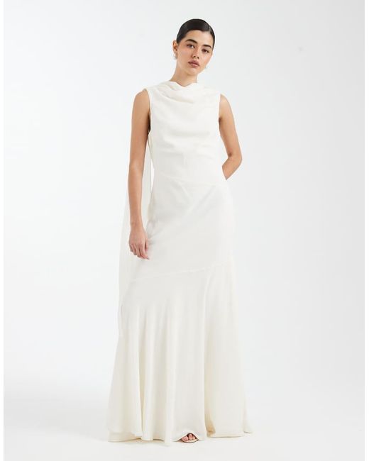 Six Stories White Bridesmaid Crepe High Cowl Neck Maxi Dress