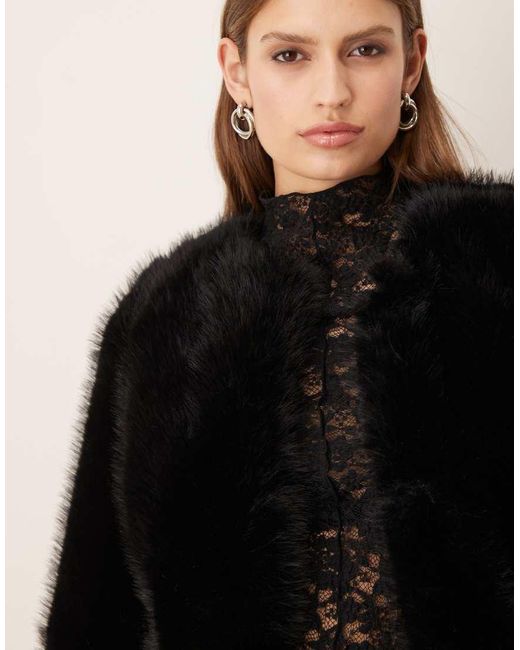 Mango Black Collarless Cropped Faux Fur Jacket