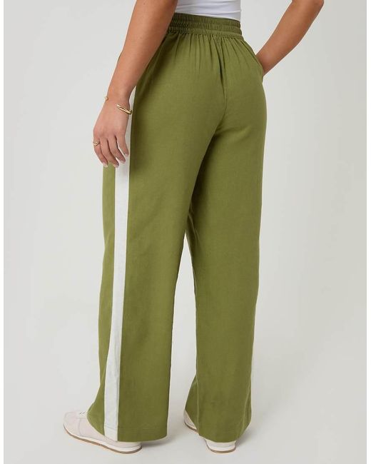 Threadbare Green Side Stripe Linen Blend Wide Leg Trousers