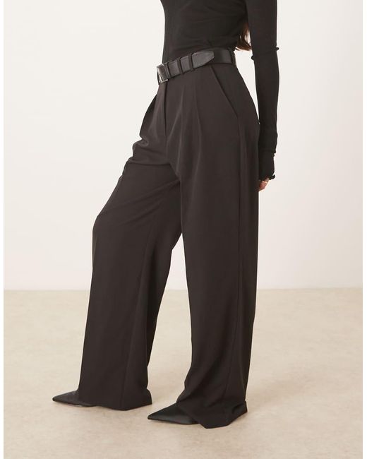 ASOS Black Tailored Belted Wide Leg Trousers With Pleat Detail