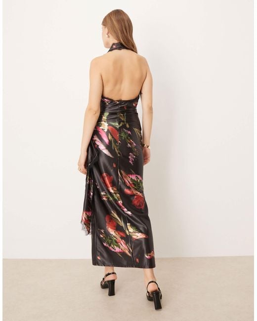 ASOS Natural Printed Stretch Satin Draped Maxi Dress With Lace Detail