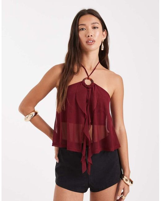 Top Bordeaux Con Dettaglio Ad Anello, Volant E Spacco Sul Davanti di Miss Selfridge in Red