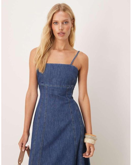 ASOS Blue Chambray Denim Maxi Dress With Cinch Waist Seams