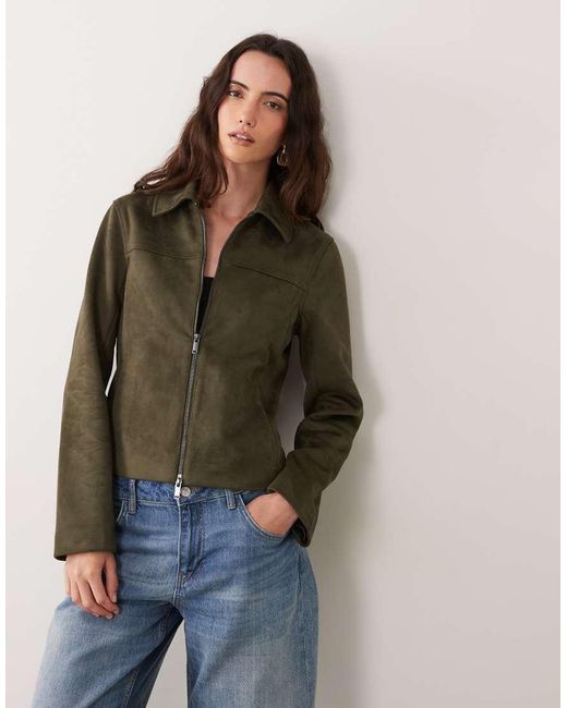 Abercrombie & Fitch Green Fitted 90s Faux Suede Jacket