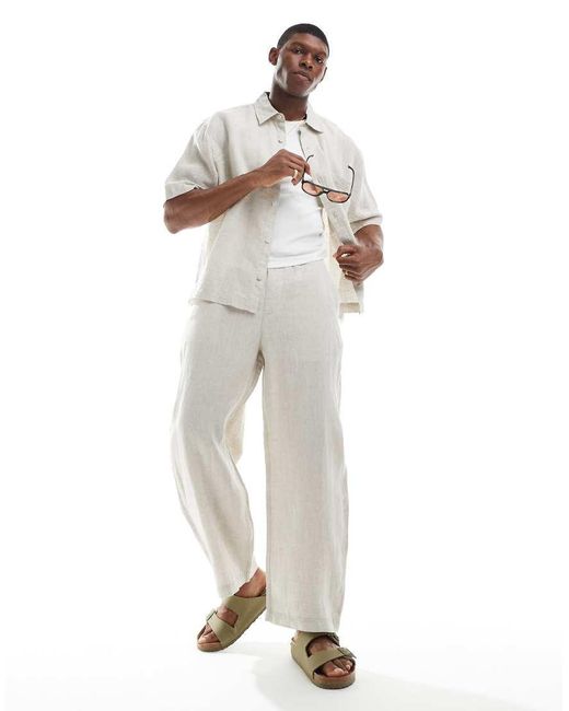Pull&Bear White 100% Linen Wide Leg Pants for men