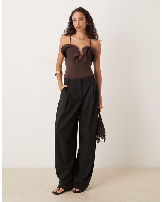 ASOS Brown Frill Detail Plunge Halterneck Bodysuit