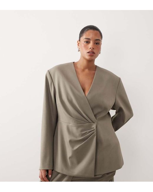 ARRANGE Brown Curve Cinched Collarless Pleated Wrap Blazer