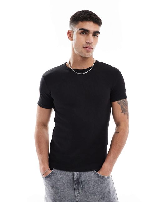 Bershka Black Slim Fit Rib T-shirt for men