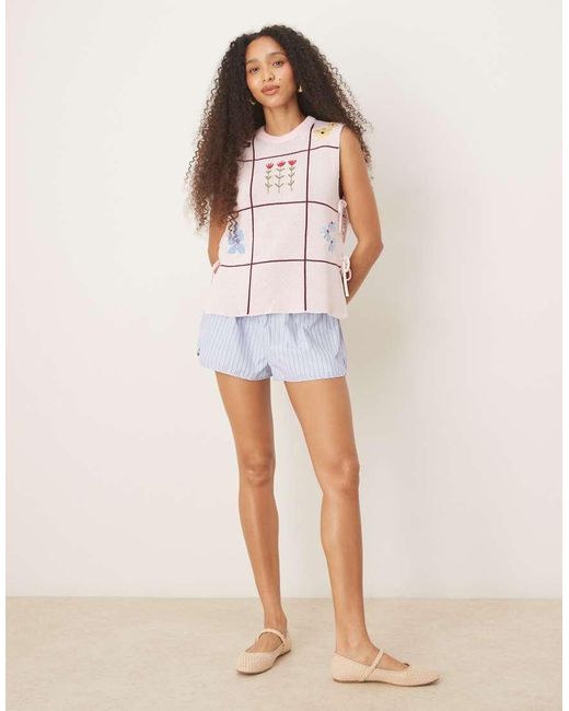 ASOS Brown Crew Neck Knit Tabard Singlet With Floral Embroidery