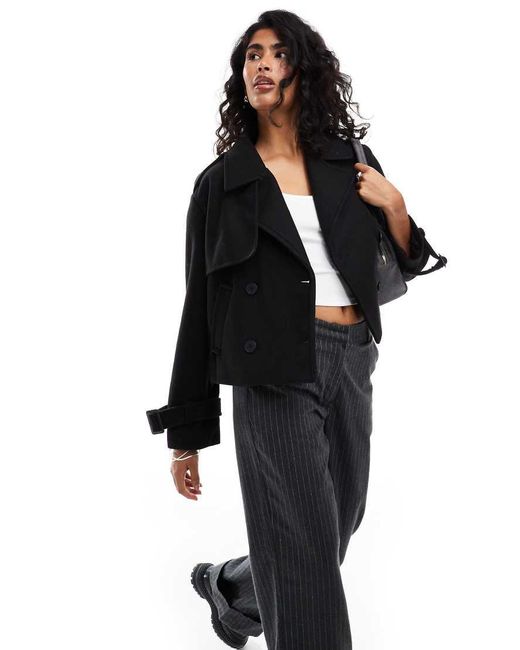 Bershka Black Cropped Wool Look Trench Coat