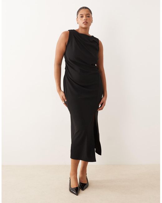 ASOS Women's Black Asos Design Curve Slash Neck Ruched Midi Dress