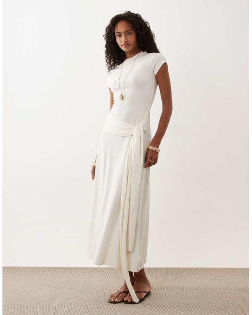 ASOS Natural Short Sleeve Midi Dress With Tie Waist