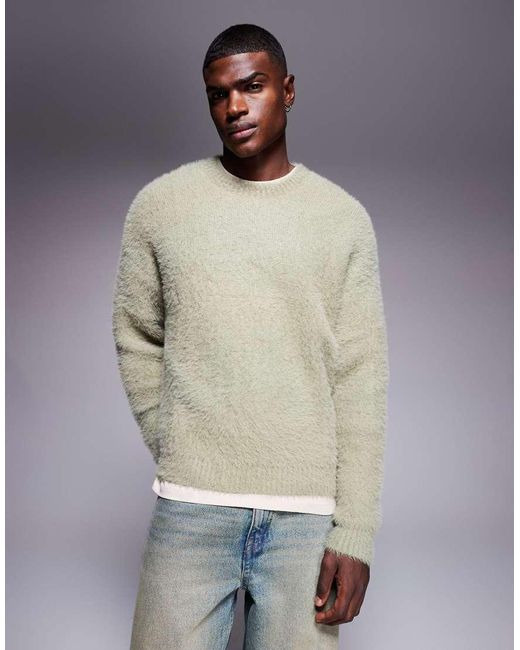 ASOS Ruimvallende, Pluizig Gebreide Trui Met Ronde Hals in het Green voor heren