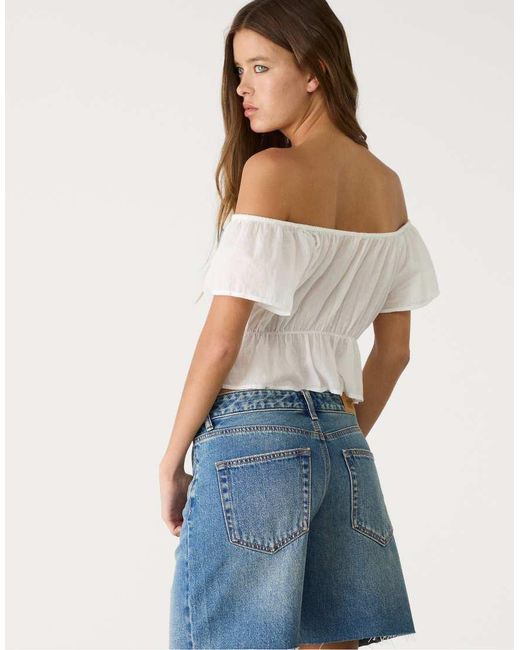 Stradivarius Bermuda Denim Short Met Halfhoge Taille in het Blue