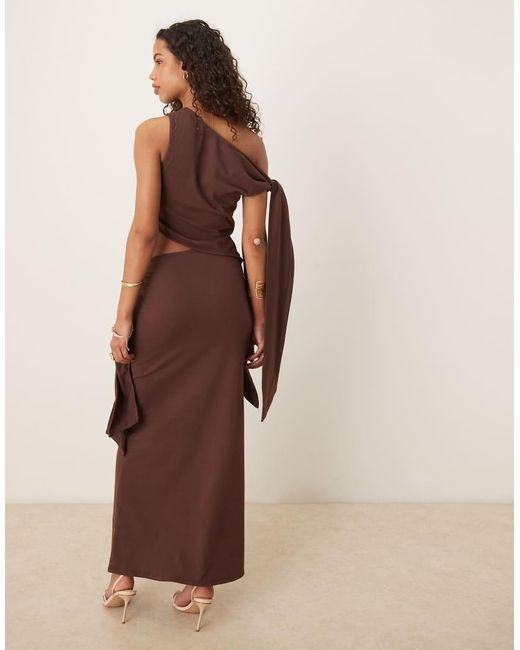 ASOS Brown Fallen Shoulder Midi Dress With Tie Detail