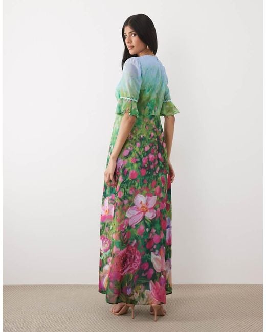Hope & Ivy Green V Neck Frill Detail Short Sleeve Split Front Maxi Dress
