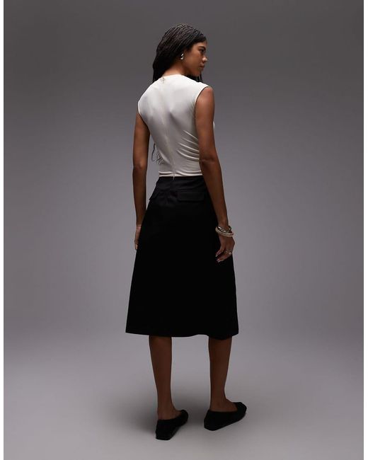 laagam Black Selena Draped Stretch Bodice With Tailored Skirt Midi Dress