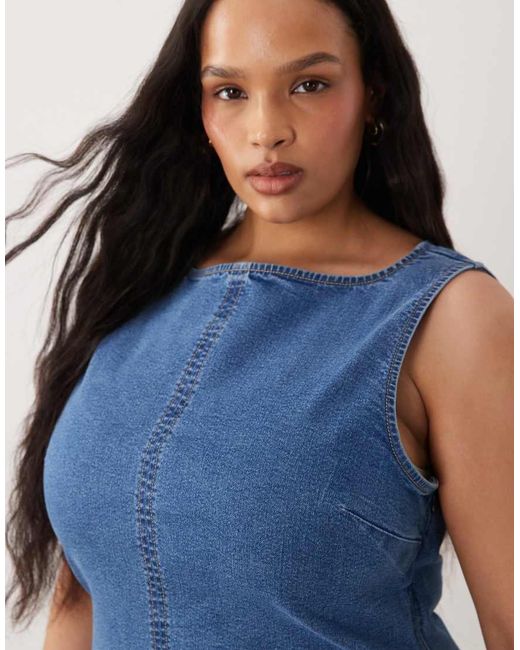 ASOS Blue Asos Design Curve Denim Slash Neck Bodycon Mini Dress