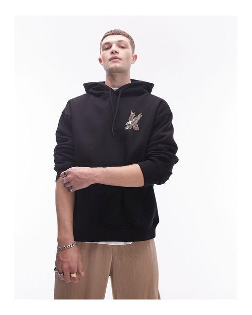 Topman Blue Oversized Fit Hoodie With Eagle Tattoo Embroidery for men