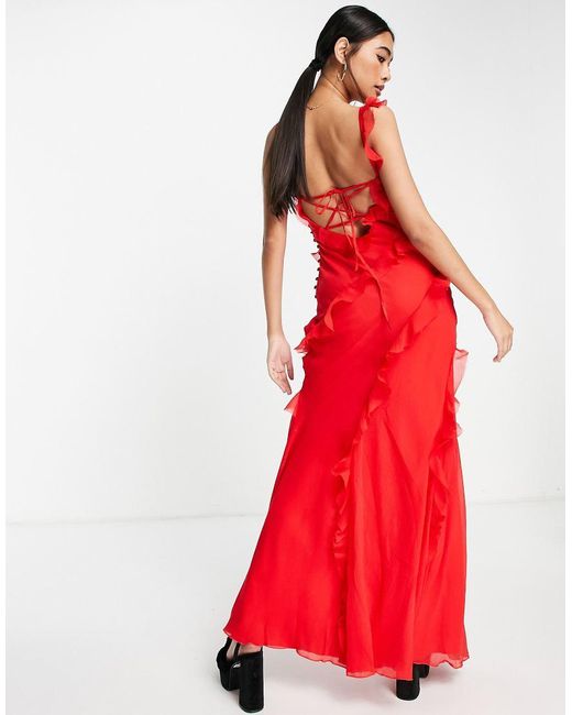 ASOS Red Tie Ruffle Detail Maxi Dress With Tie Back And Button Side