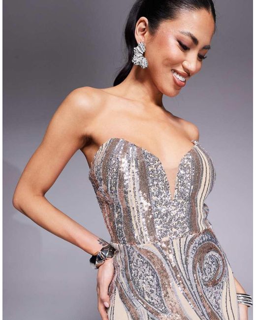 Goddiva Gray Strapless Multi Sequin Maxi Dress