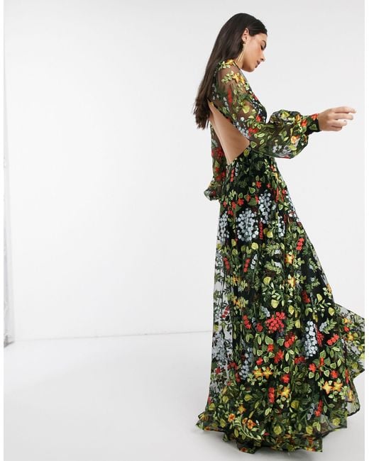 ASOS Multicolor Summer Floral Embroidered Maxi Dress With Open Back