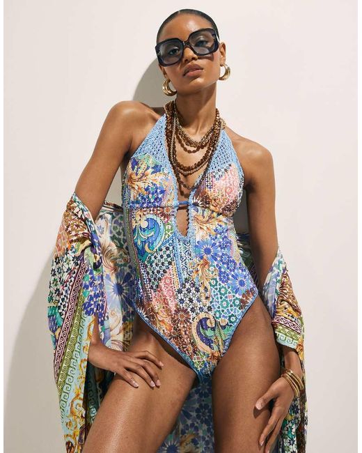 River Island Blue Metallic Abstract Print Plunge Swimsuit