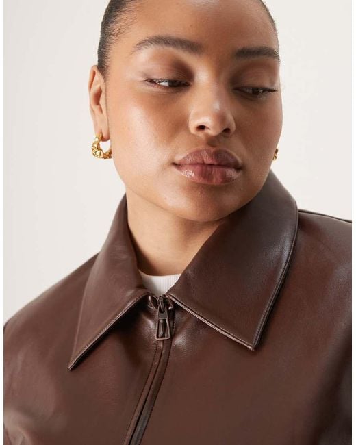 ASOS Brown Curve Tailored Faux Leather Zip Front Cropped Blazer