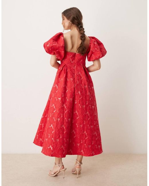 Sister Jane Red Dream Puff Sleeve Jacquard Midaxi Dress