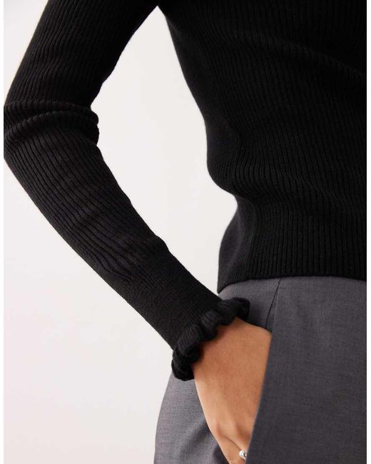 Mango Black Wool Mix High Neck Frill Edge Knitted Top