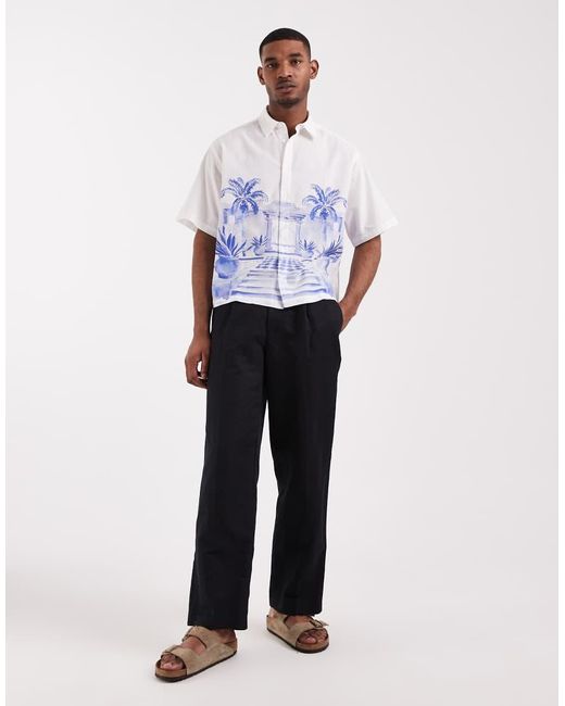 ASOS White Boxy Oversized Shirt With Linen And Placement Print for men