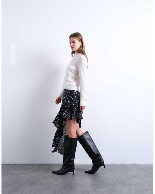 TOPSHOP White Asymmetric Hem Frill Detail Midi Skirt