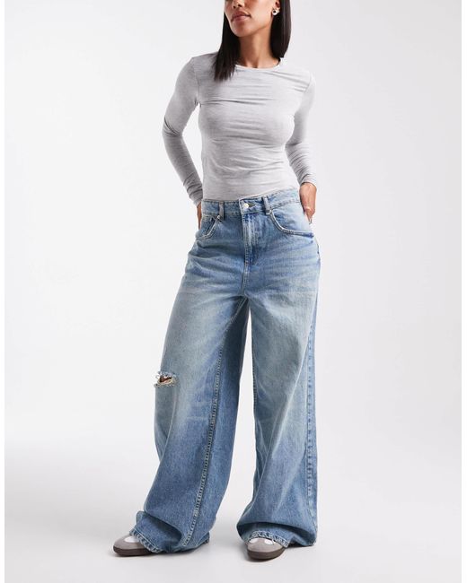 ASOS Blue High Waisted Wide Leg Jeans With Cinch