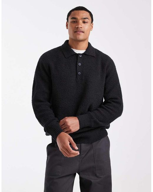Only & Sons Black Relaxed Fit Fisherman Knit Polo Jumper for men