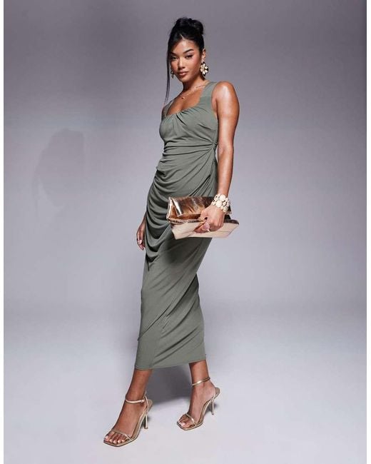 knee length dresses for ladies Black Draped Midi Dress L main image 1