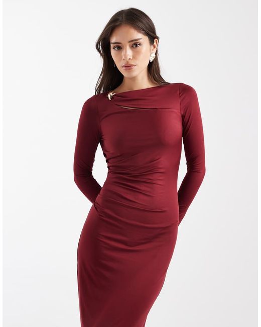 4th & Reckless Red Ruched Side Long Sleeve Metal Cut Out Detail Maxi Dress