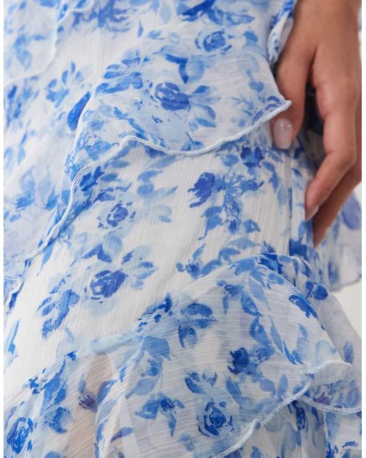 Vila Blue Asymmetric Frill Maxi Dress With Side Split