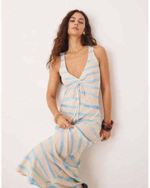 ASOS Midi-Jurk Met V-Hals, Ruches En Striksluiting in het Natural