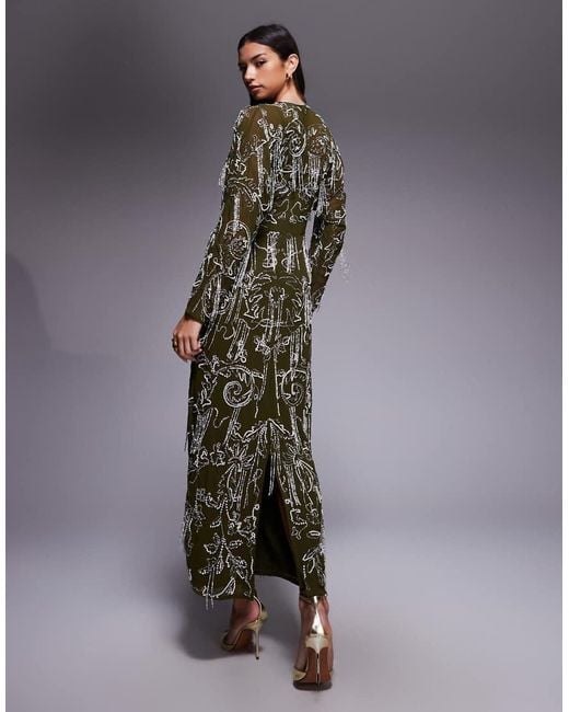 ASOS Green Long Sleeve All Over Fringe Embellished Maxi Dress